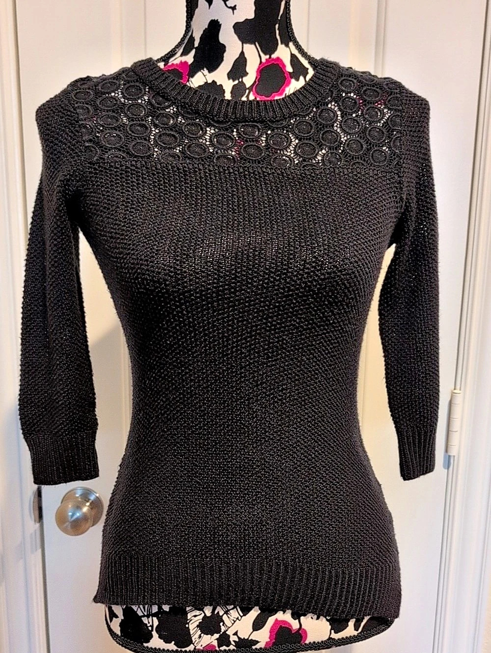 Pink Rose Black Embellished Crew Neck Sweater Size XS
